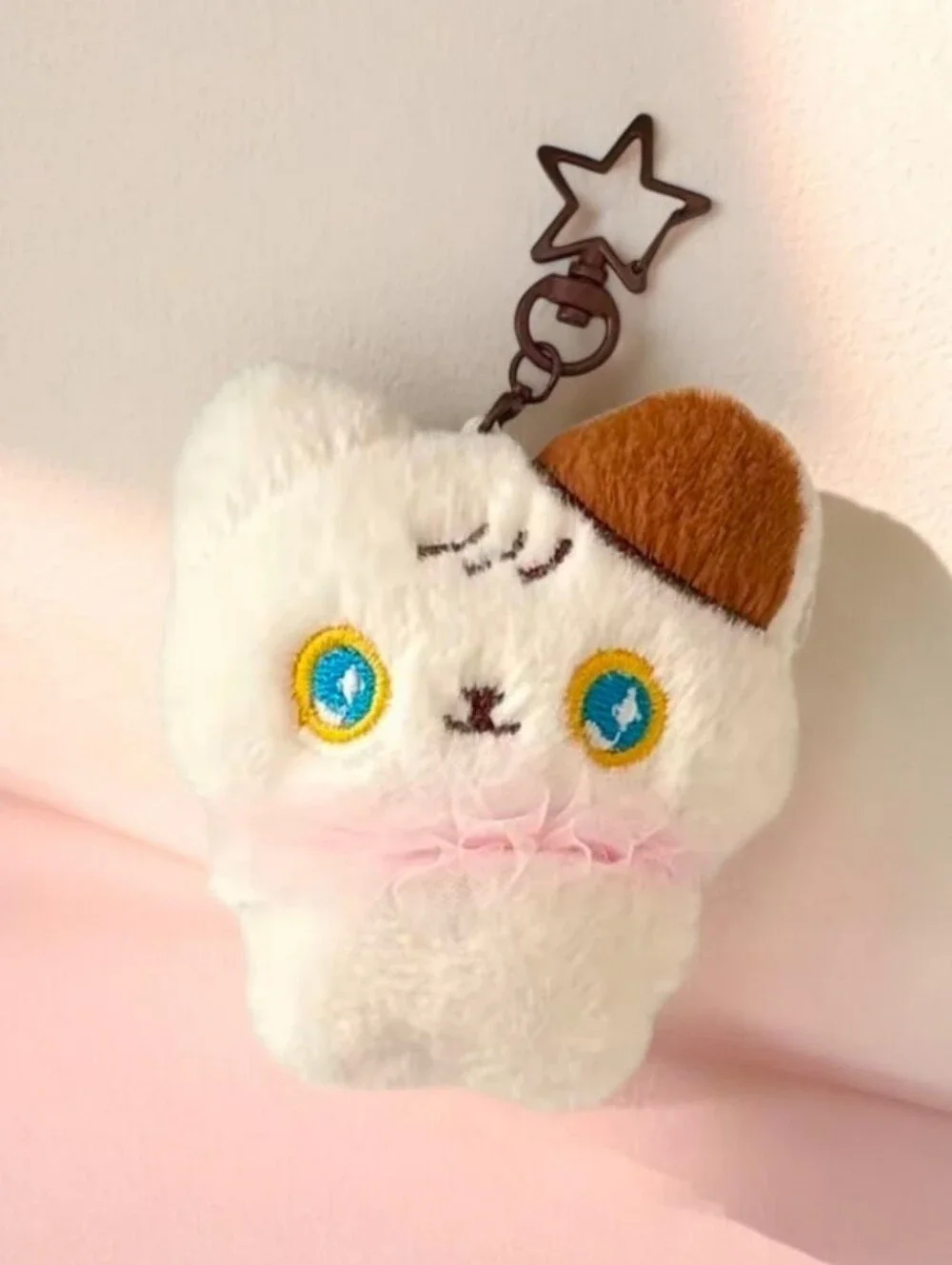 Cute Plush Cat Bag Charm/Keychain with Star Clip - White & Brown